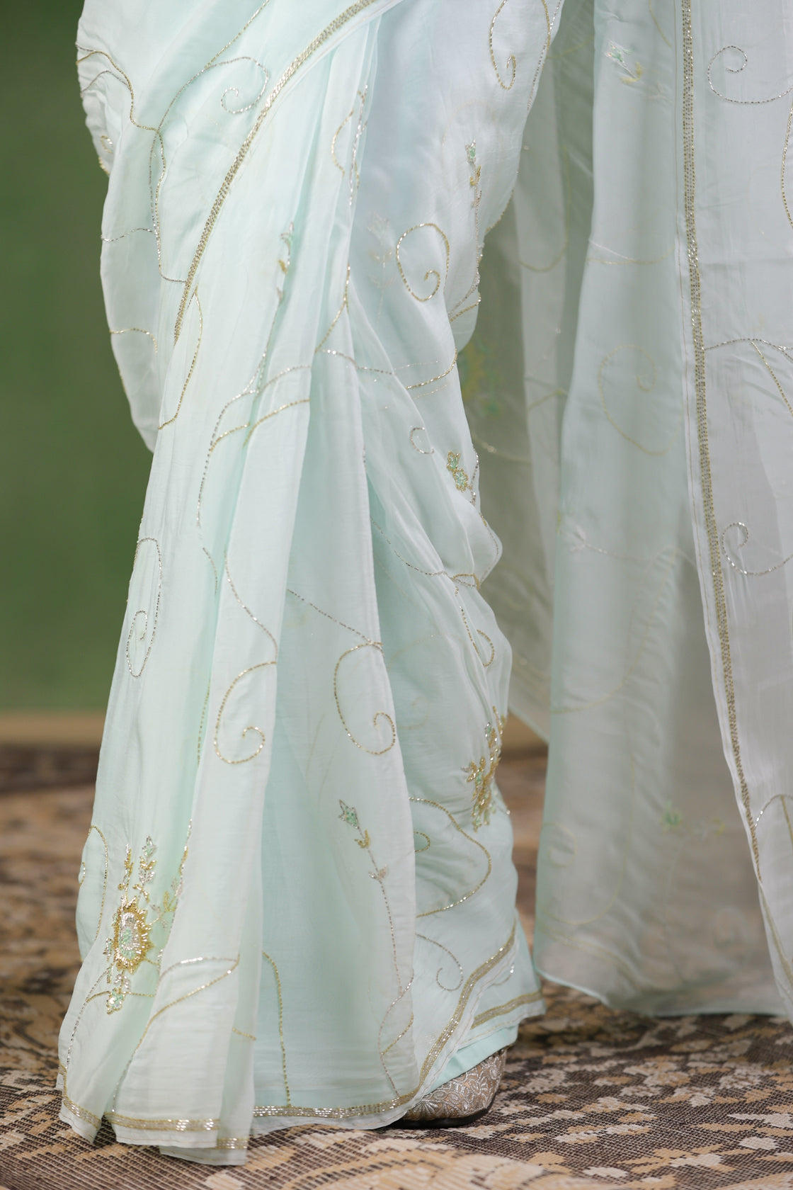 Mint Blue Hand Embroidered Organza Saree