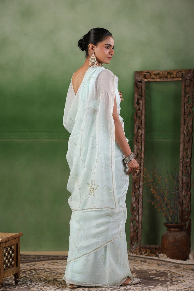 Mint Blue Hand Embroidered Organza Saree