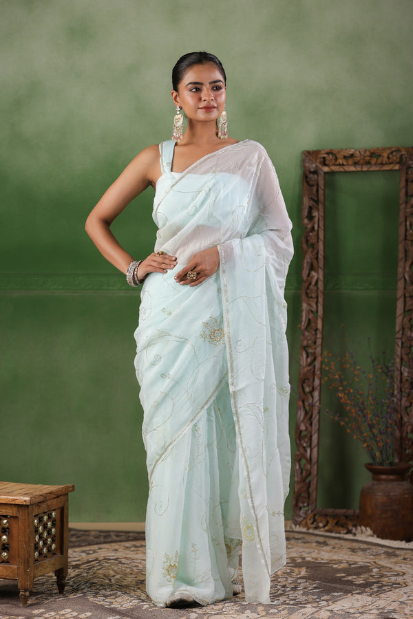 Mint Blue Hand Embroidered Organza Saree