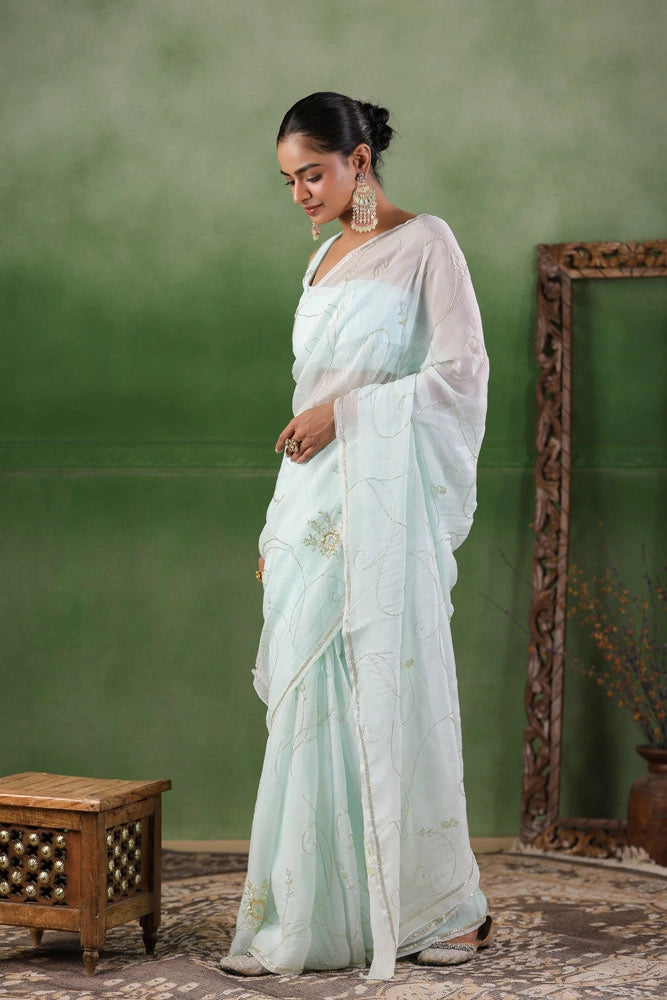 Mint Blue Hand Embroidered Organza Saree