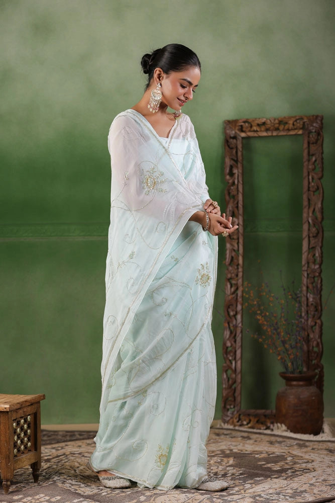 Mint Blue Hand Embroidered Organza Saree