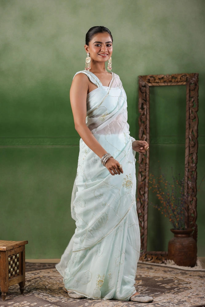 Mint Blue Hand Embroidered Organza Saree