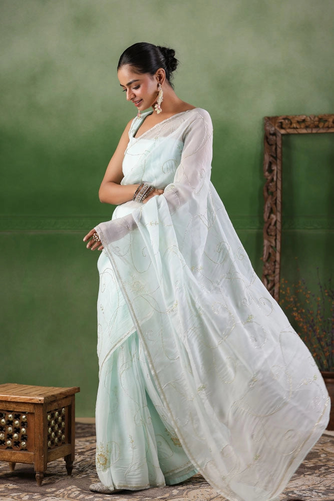 Mint Blue Hand Embroidered Organza Saree