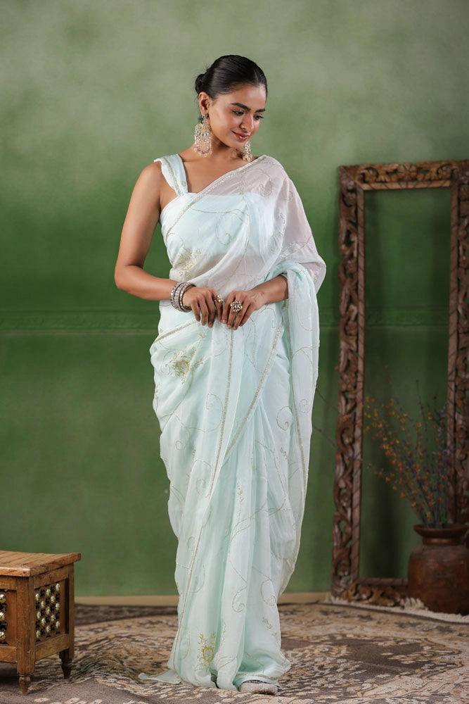 Mint Blue Hand Embroidered Organza Saree