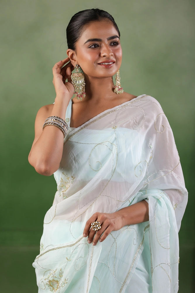 Mint Blue Hand Embroidered Organza Saree