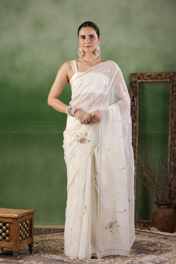 White Hand Embroidered Organza Saree