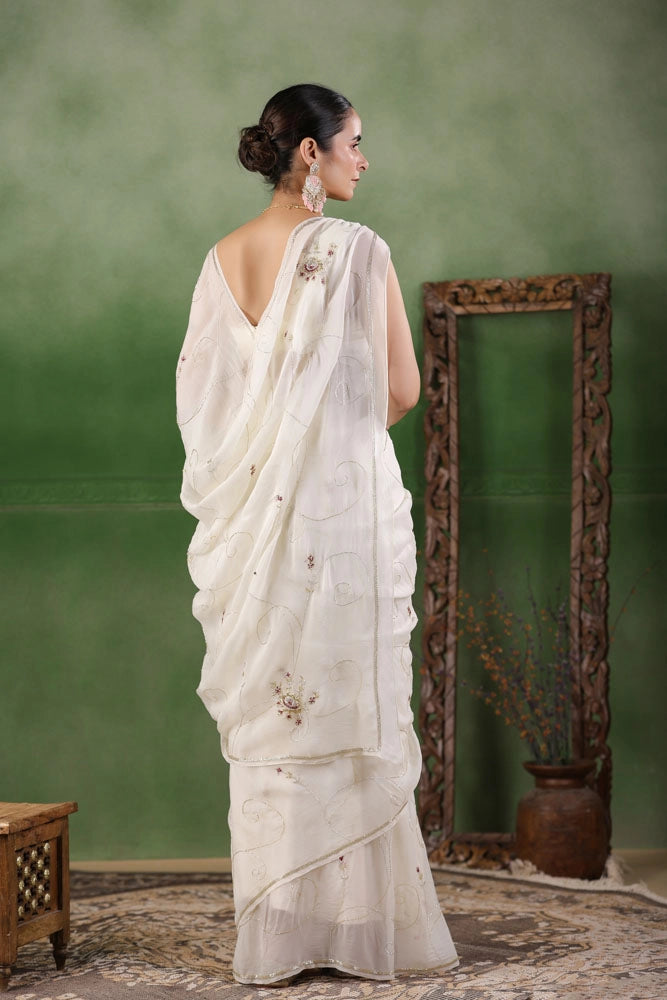 White Hand Embroidered Organza Saree