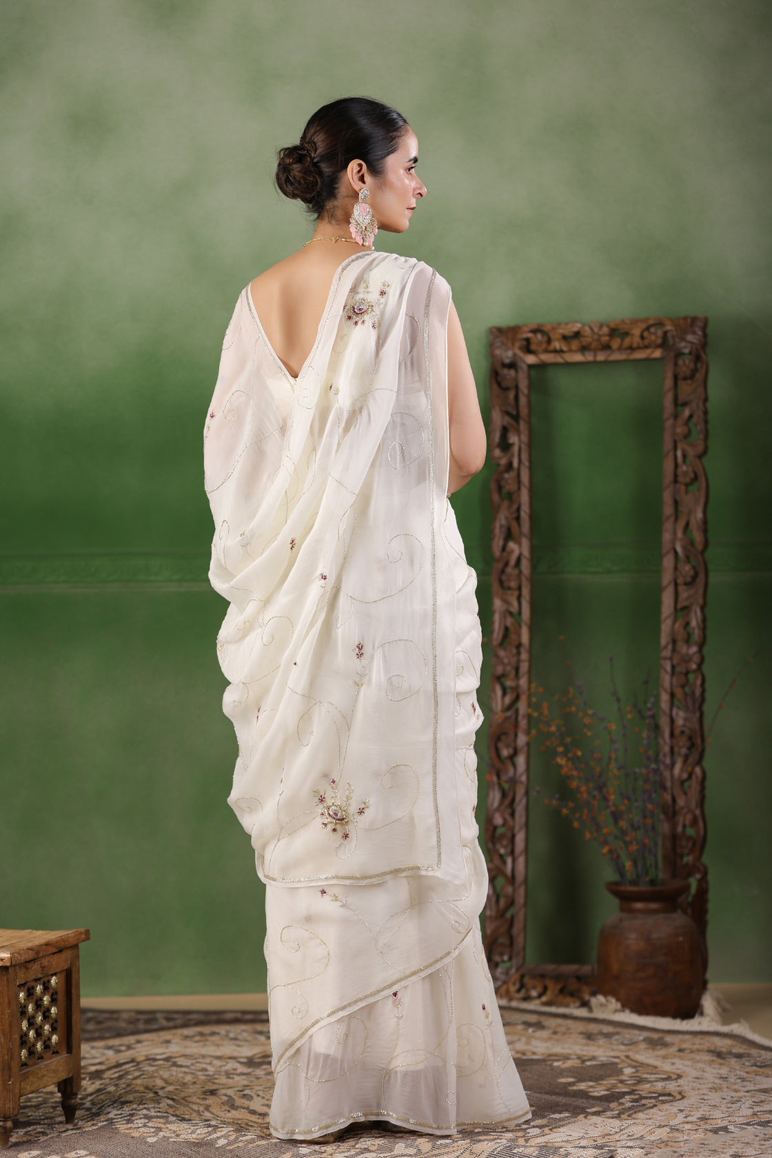 White Hand Embroidered Organza Saree