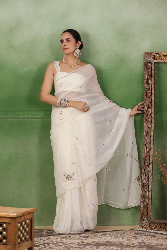 White Hand Embroidered Organza Saree