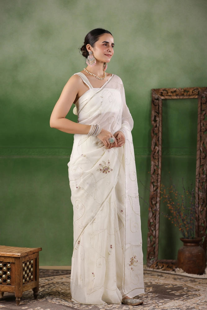 White Hand Embroidered Organza Saree