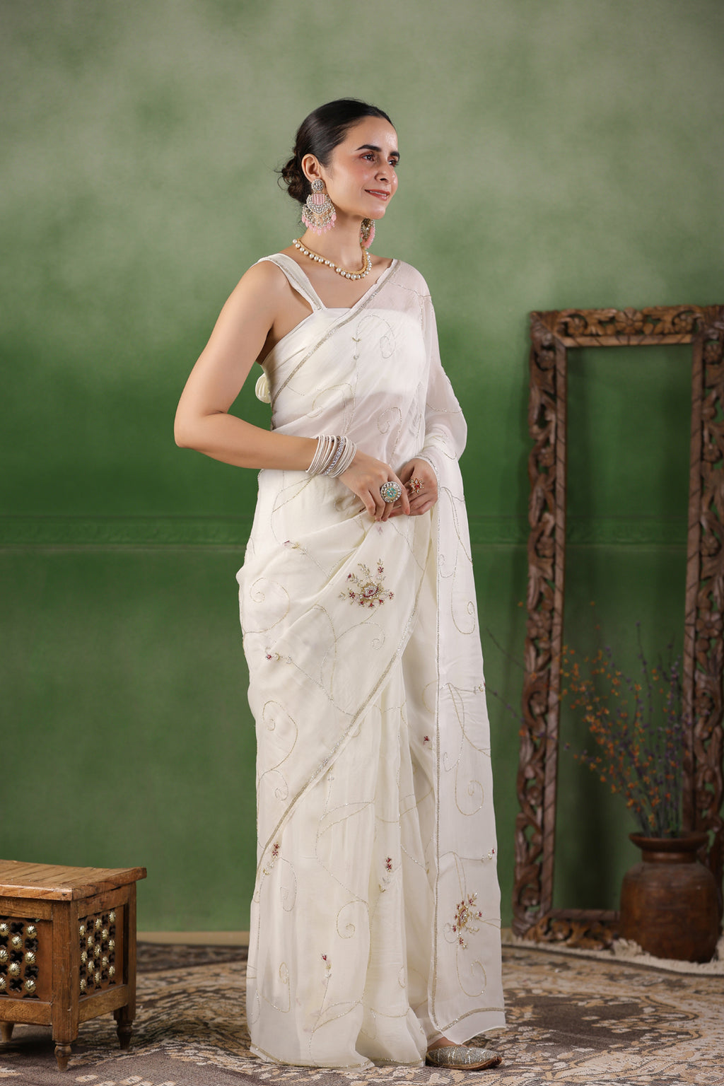 White Hand Embroidered Organza Saree