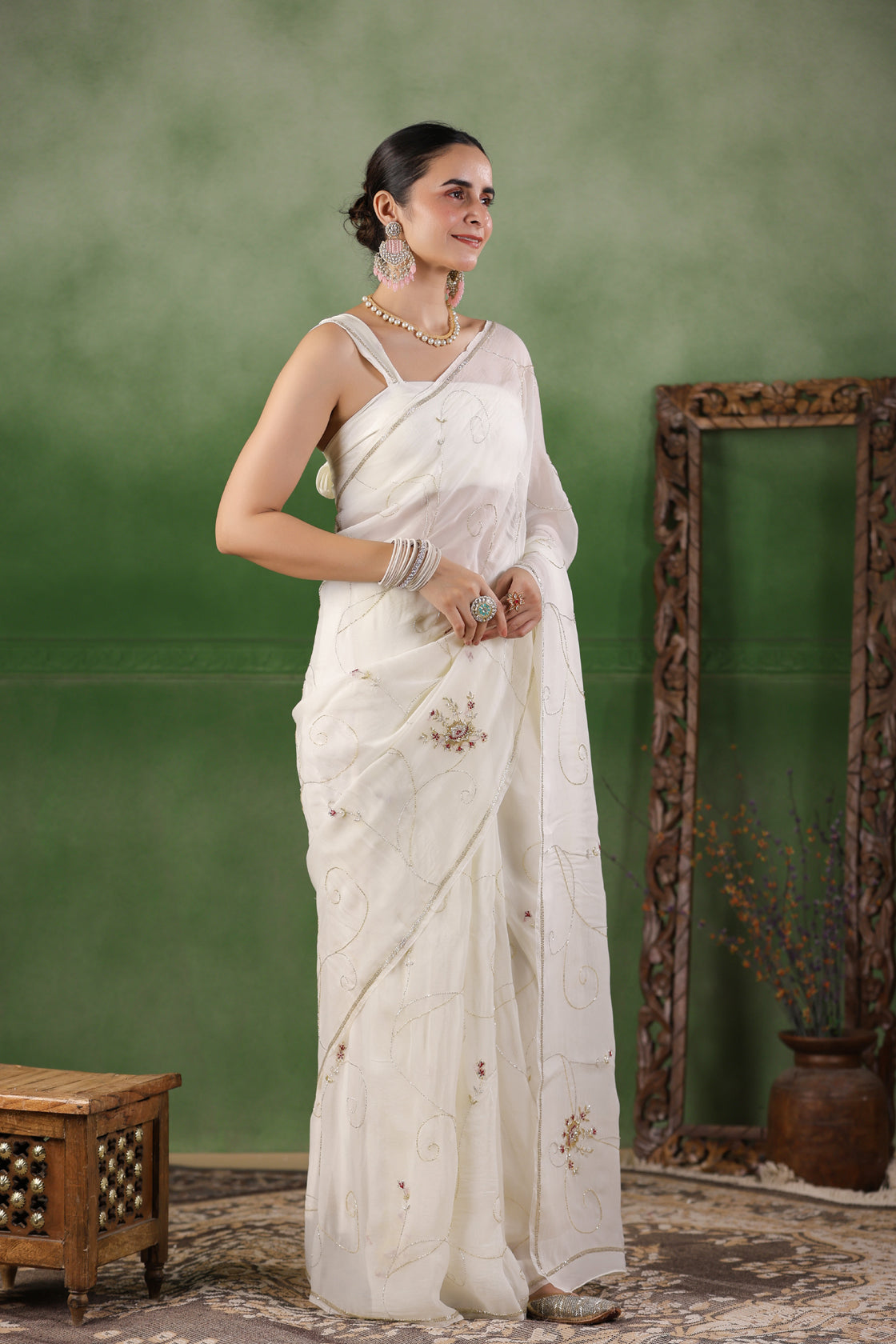 White Hand Embroidered Organza Saree