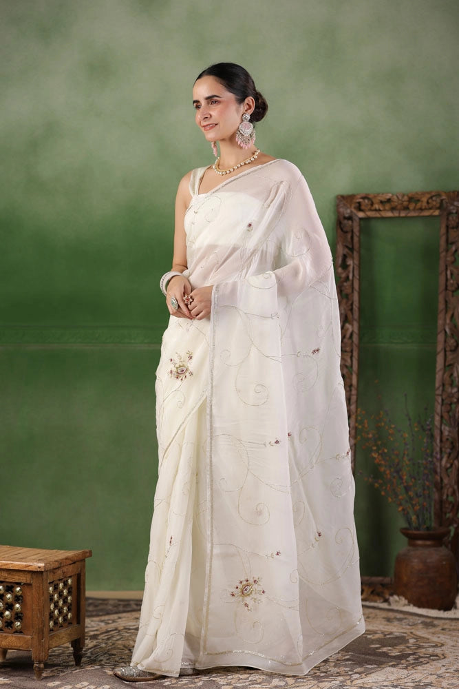 White Hand Embroidered Organza Saree