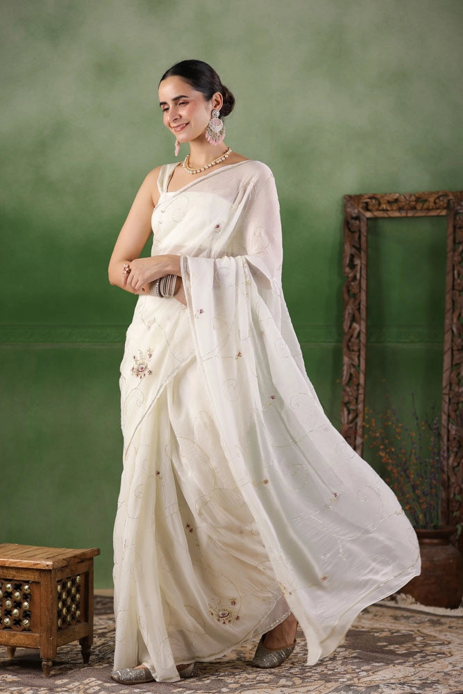 White Hand Embroidered Organza Saree