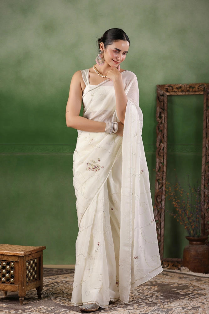 White Hand Embroidered Organza Saree