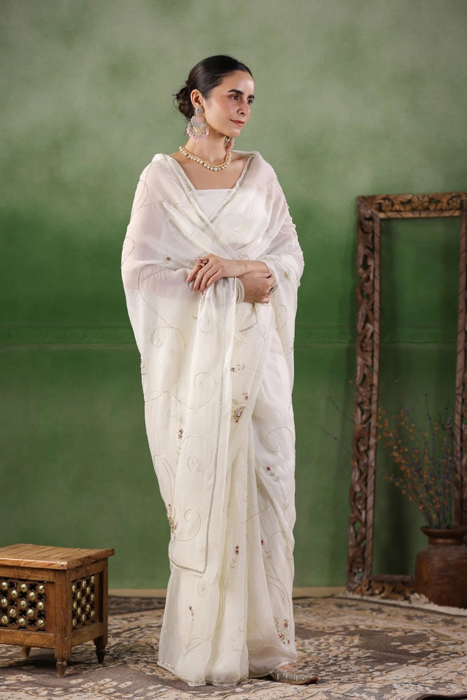 White Hand Embroidered Organza Saree