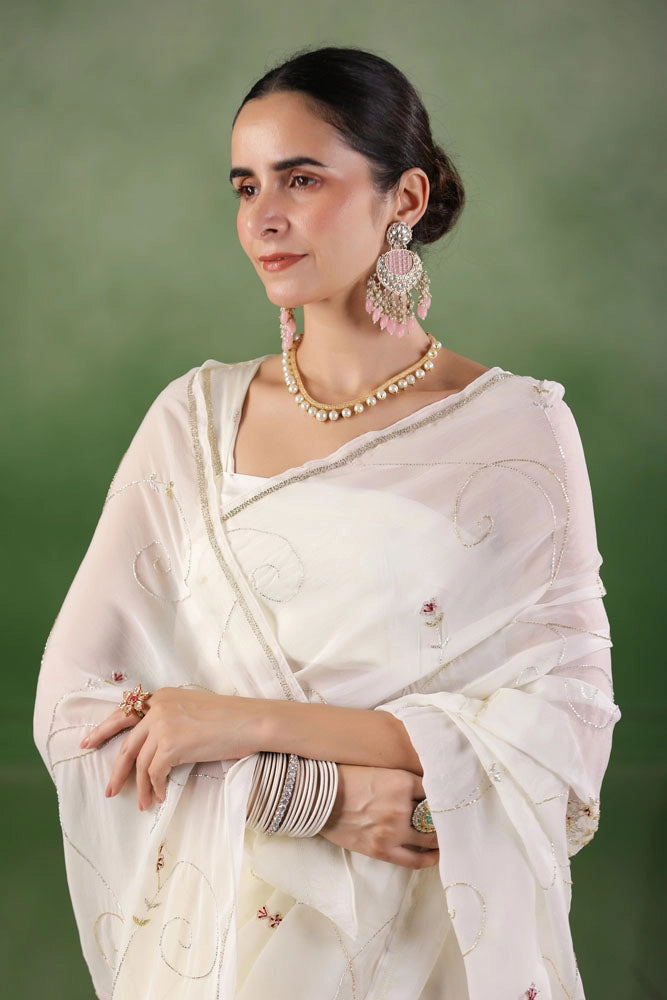 White Hand Embroidered Organza Saree