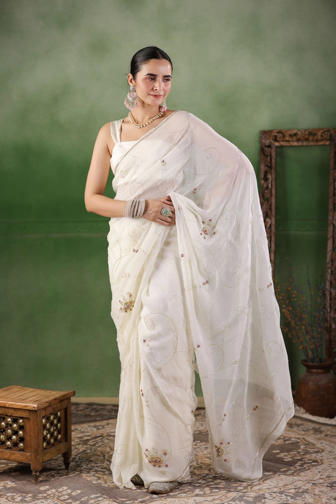White Hand Embroidered Organza Saree