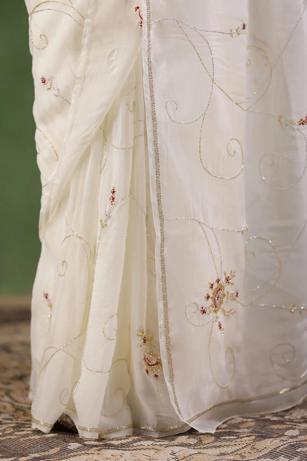 White Hand Embroidered Organza Saree