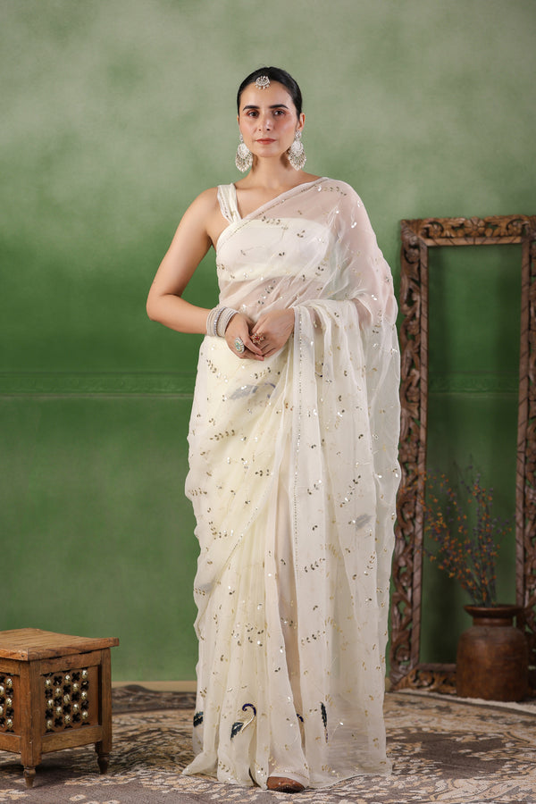 White Hand Embroidered Gota Jaal Chiffon Saree