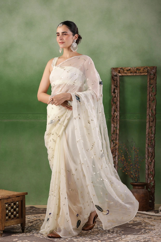White Hand Embroidered Gota Jaal Chiffon Saree