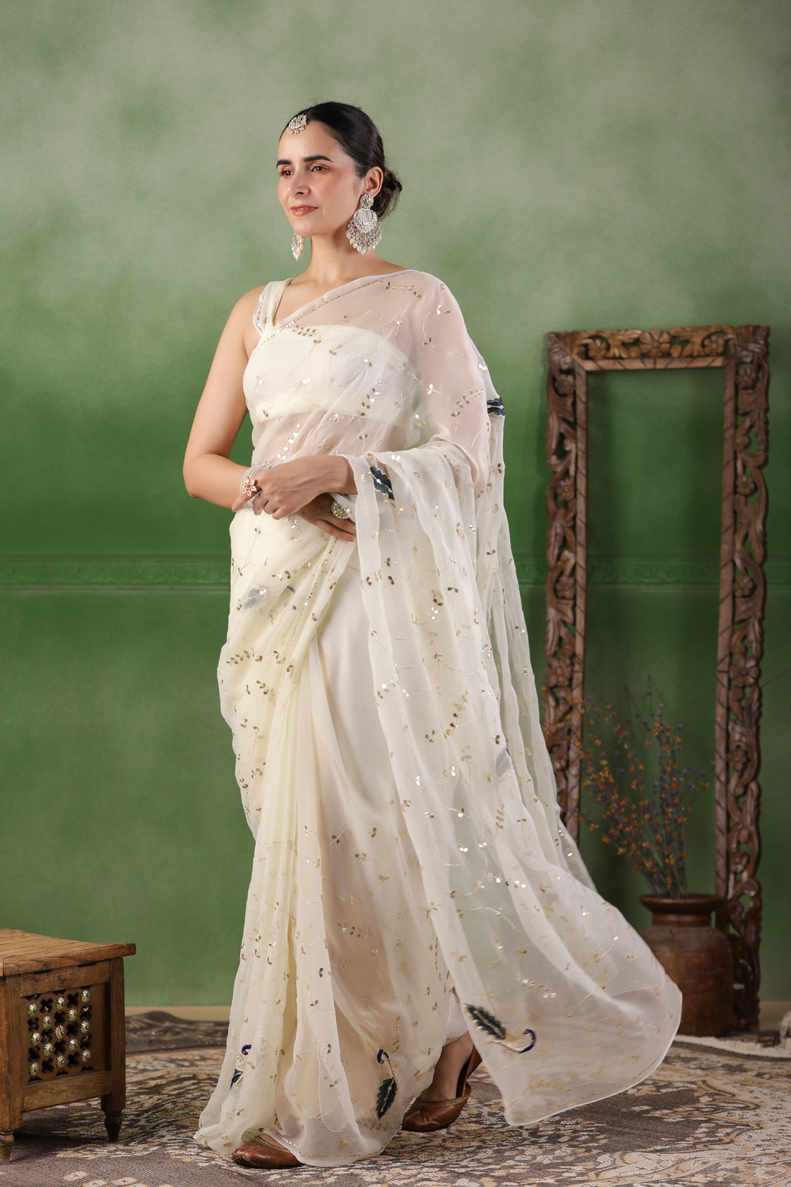 White Hand Embroidered Gota Jaal Chiffon Saree