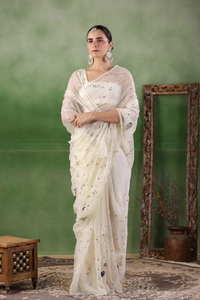 White Hand Embroidered Gota Jaal Chiffon Saree