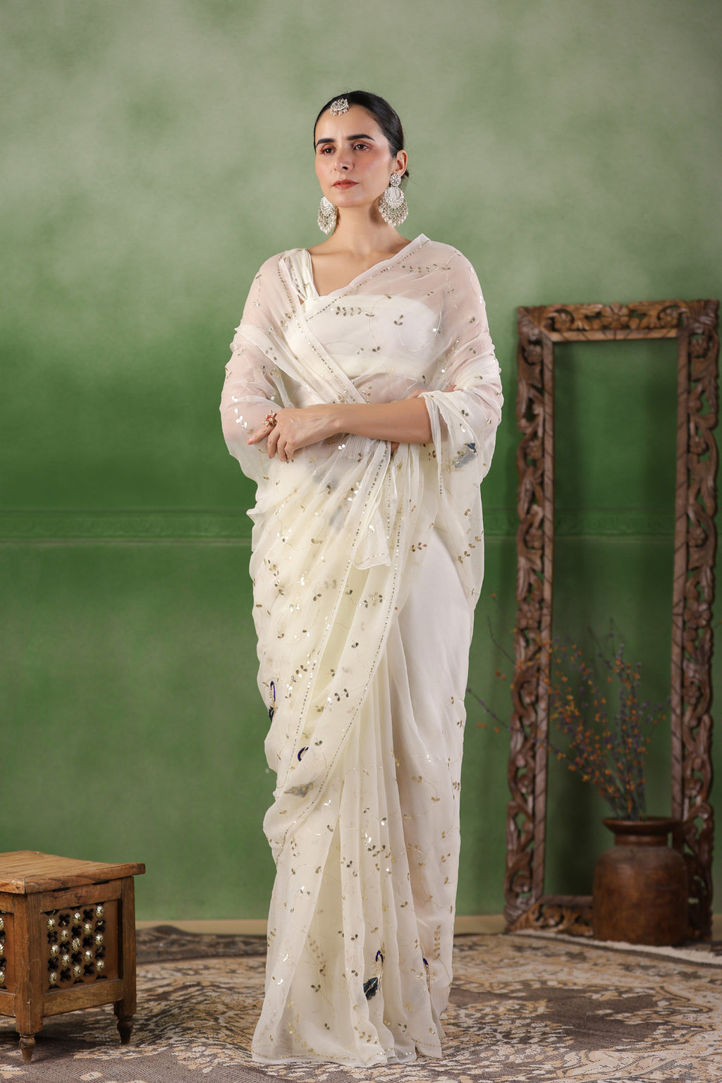 White Hand Embroidered Gota Jaal Chiffon Saree
