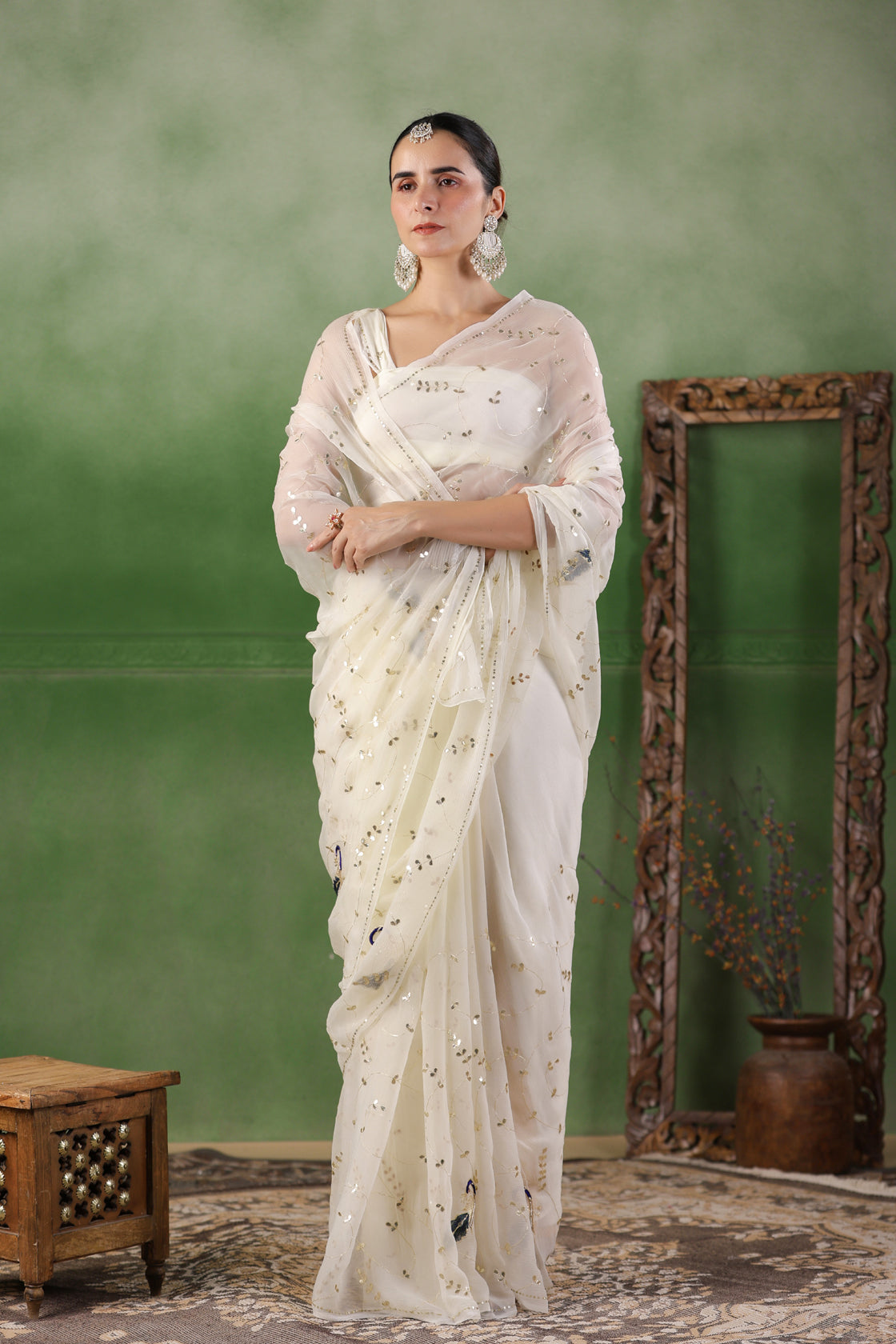 White Hand Embroidered Gota Jaal Chiffon Saree
