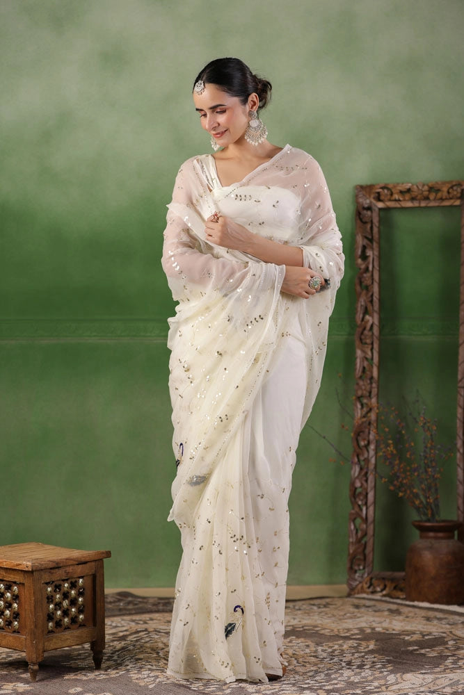 White Hand Embroidered Gota Jaal Chiffon Saree