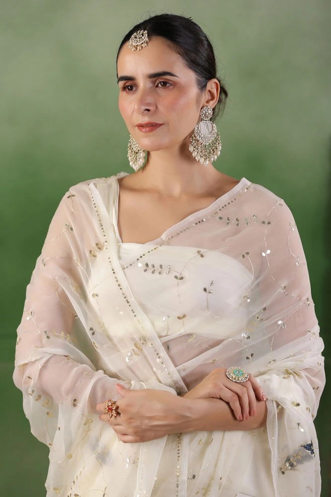 White Hand Embroidered Gota Jaal Chiffon Saree