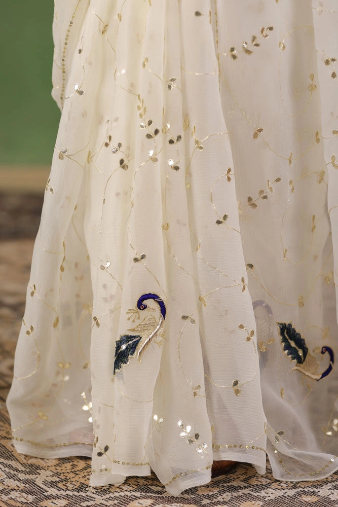 White Hand Embroidered Gota Jaal Chiffon Saree