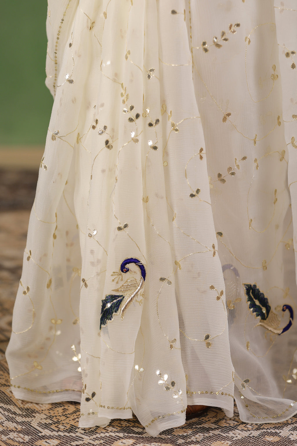 White Hand Embroidered Gota Jaal Chiffon Saree