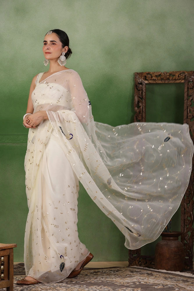 White Hand Embroidered Gota Jaal Chiffon Saree