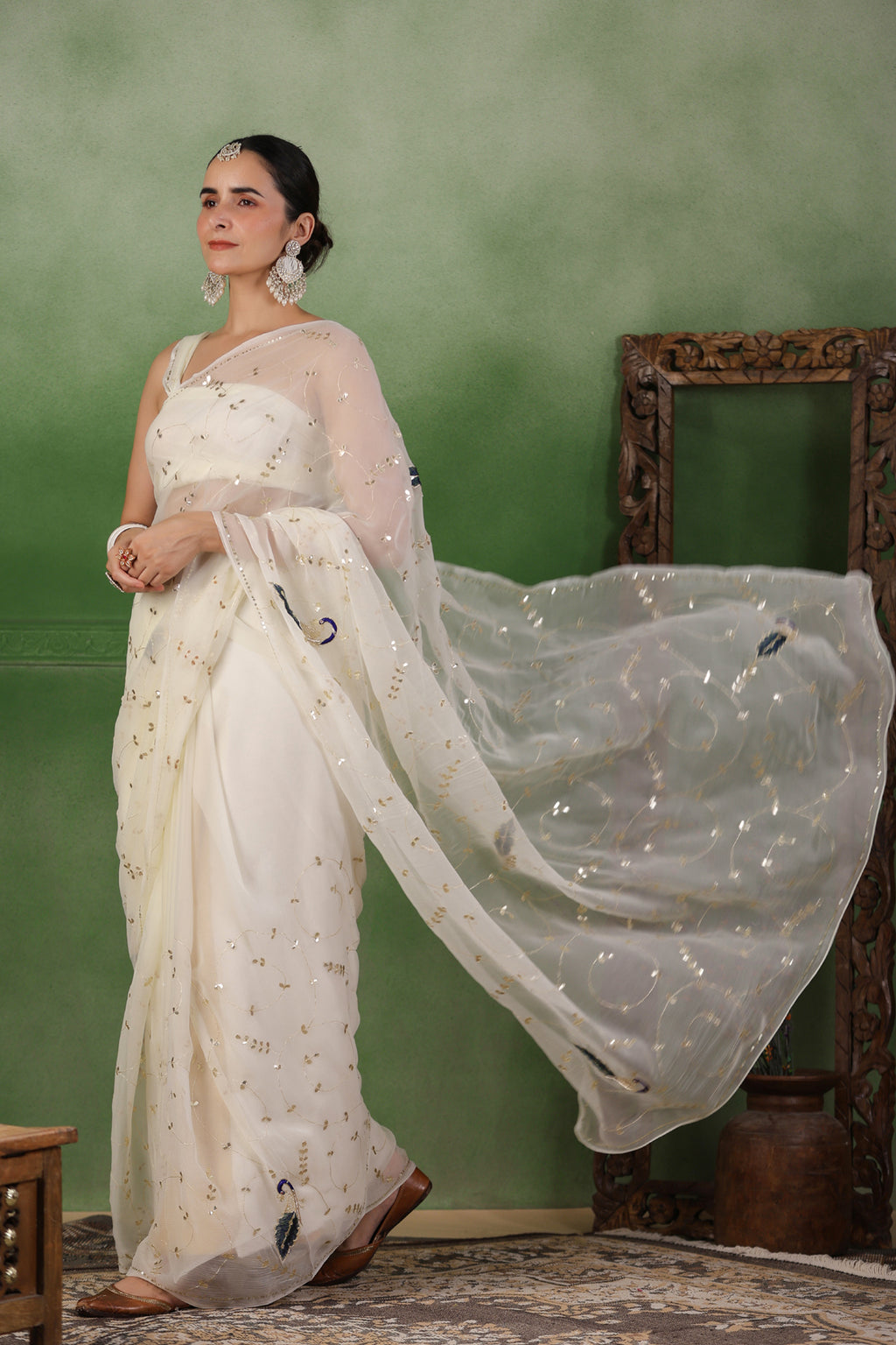 White Hand Embroidered Gota Jaal Chiffon Saree