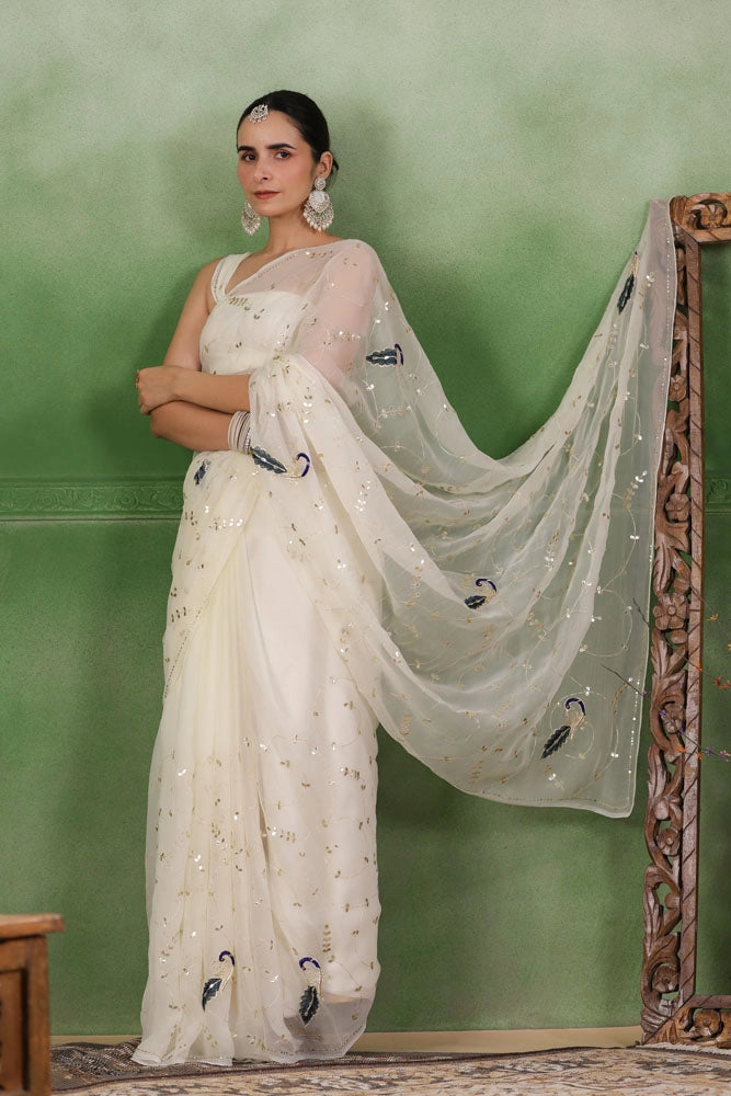 White Hand Embroidered Gota Jaal Chiffon Saree