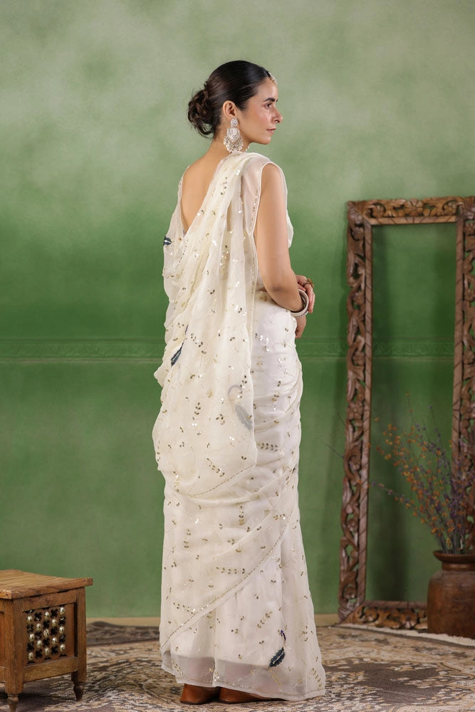 White Hand Embroidered Gota Jaal Chiffon Saree