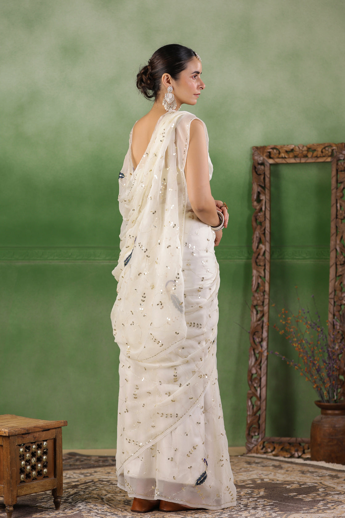 White Hand Embroidered Gota Jaal Chiffon Saree