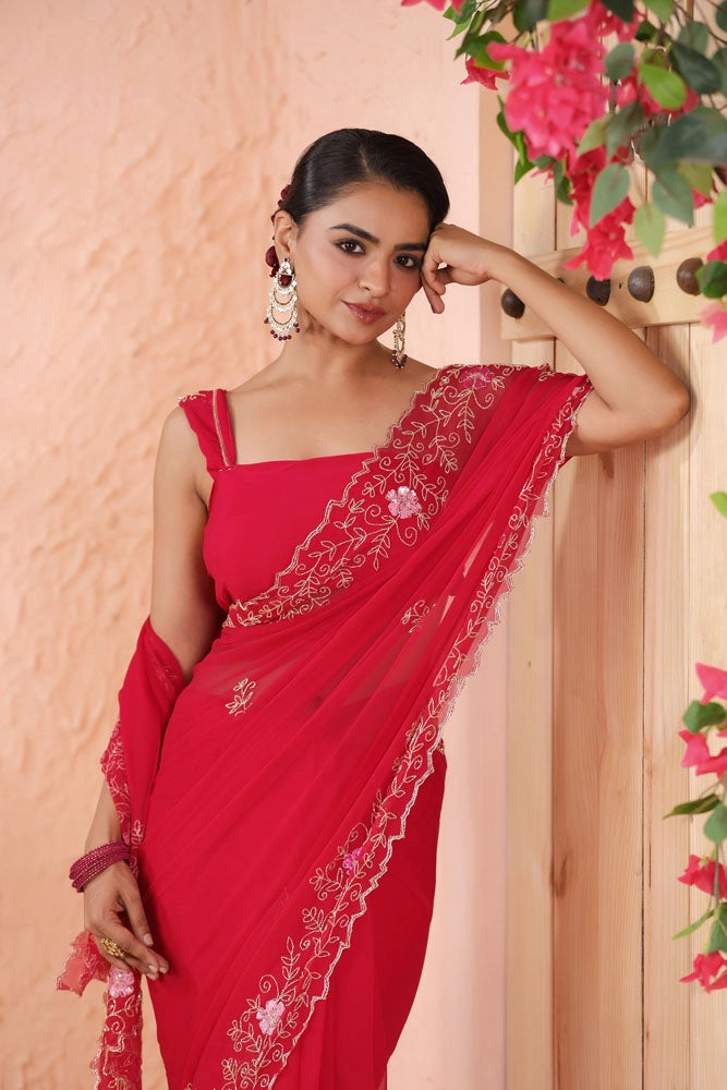Pink Hand Embroidered Chiffon Saree