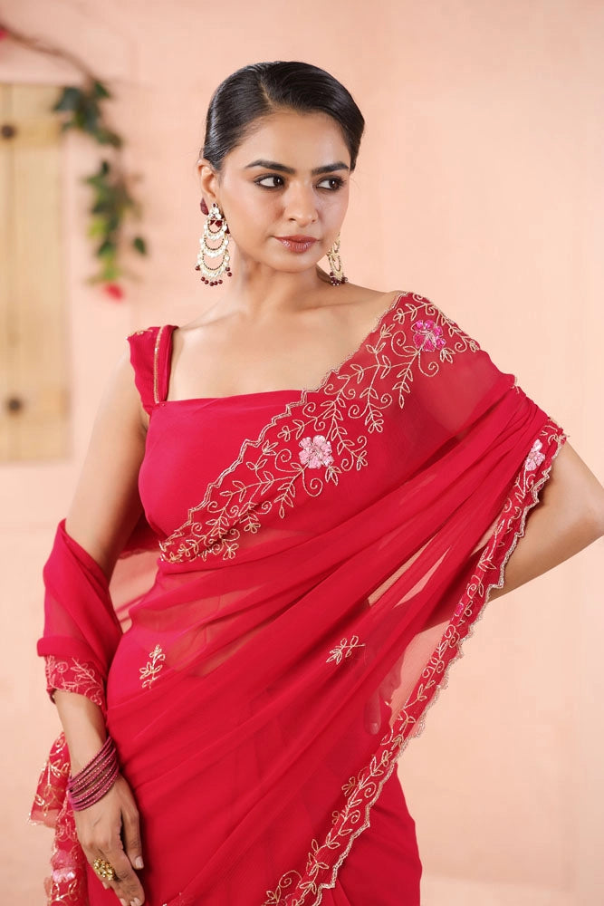 Pink Hand Embroidered Chiffon Saree