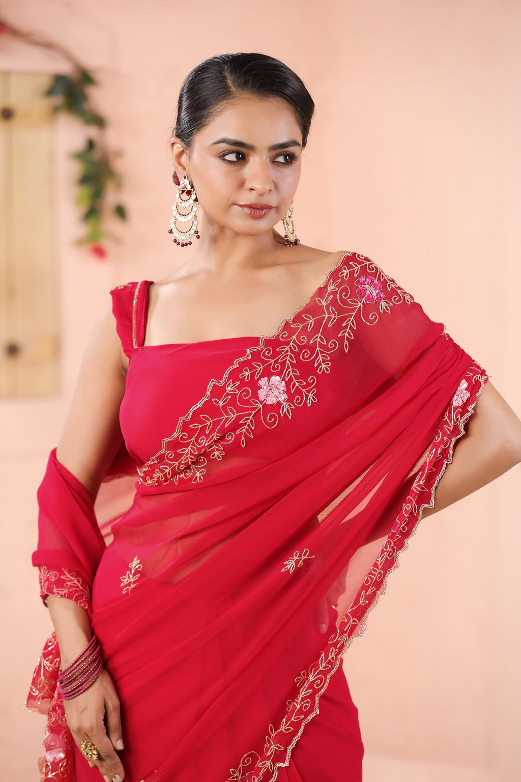 Pink Hand Embroidered Chiffon Saree