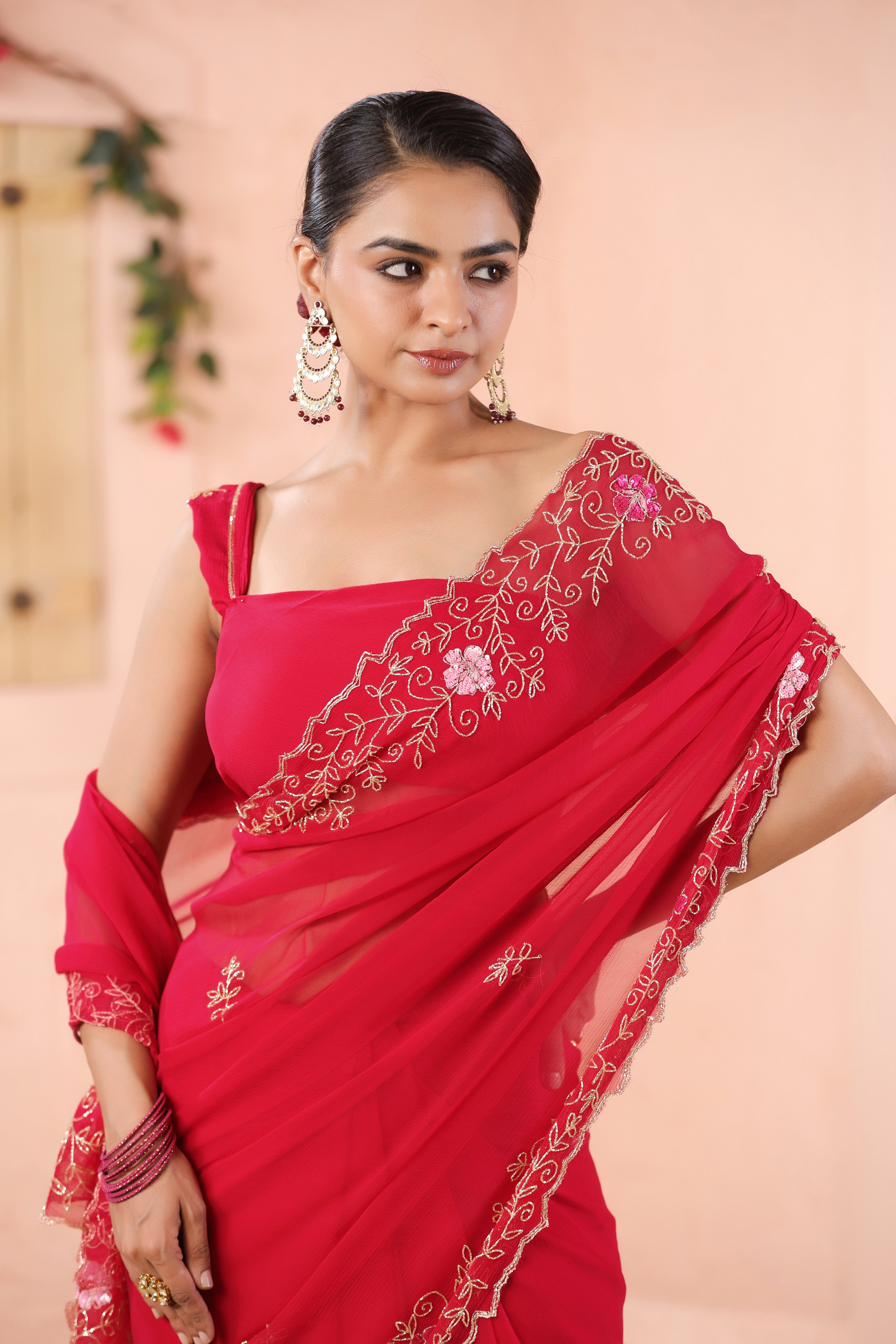 Pink Hand Embroidered Chiffon Saree
