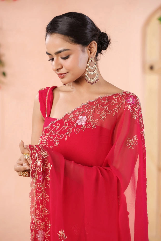 Pink Hand Embroidered Chiffon Saree