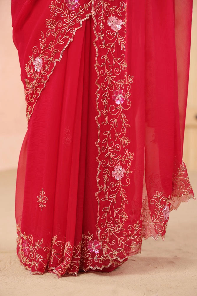 Pink Hand Embroidered Chiffon Saree