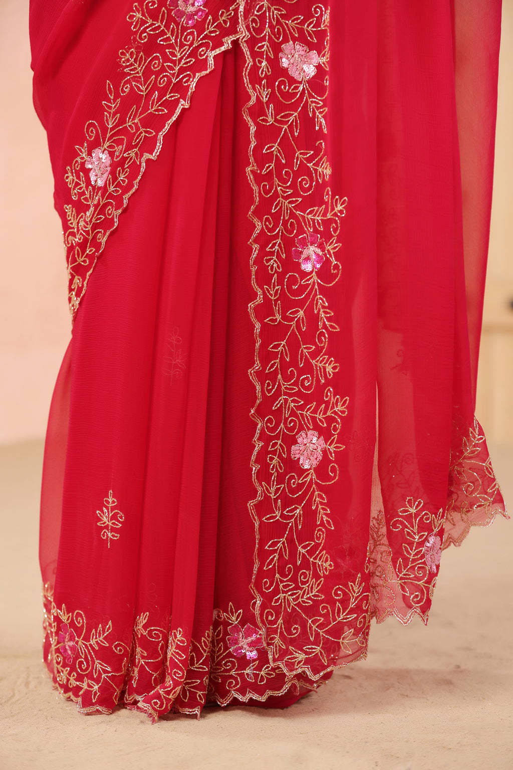 Pink Hand Embroidered Chiffon Saree