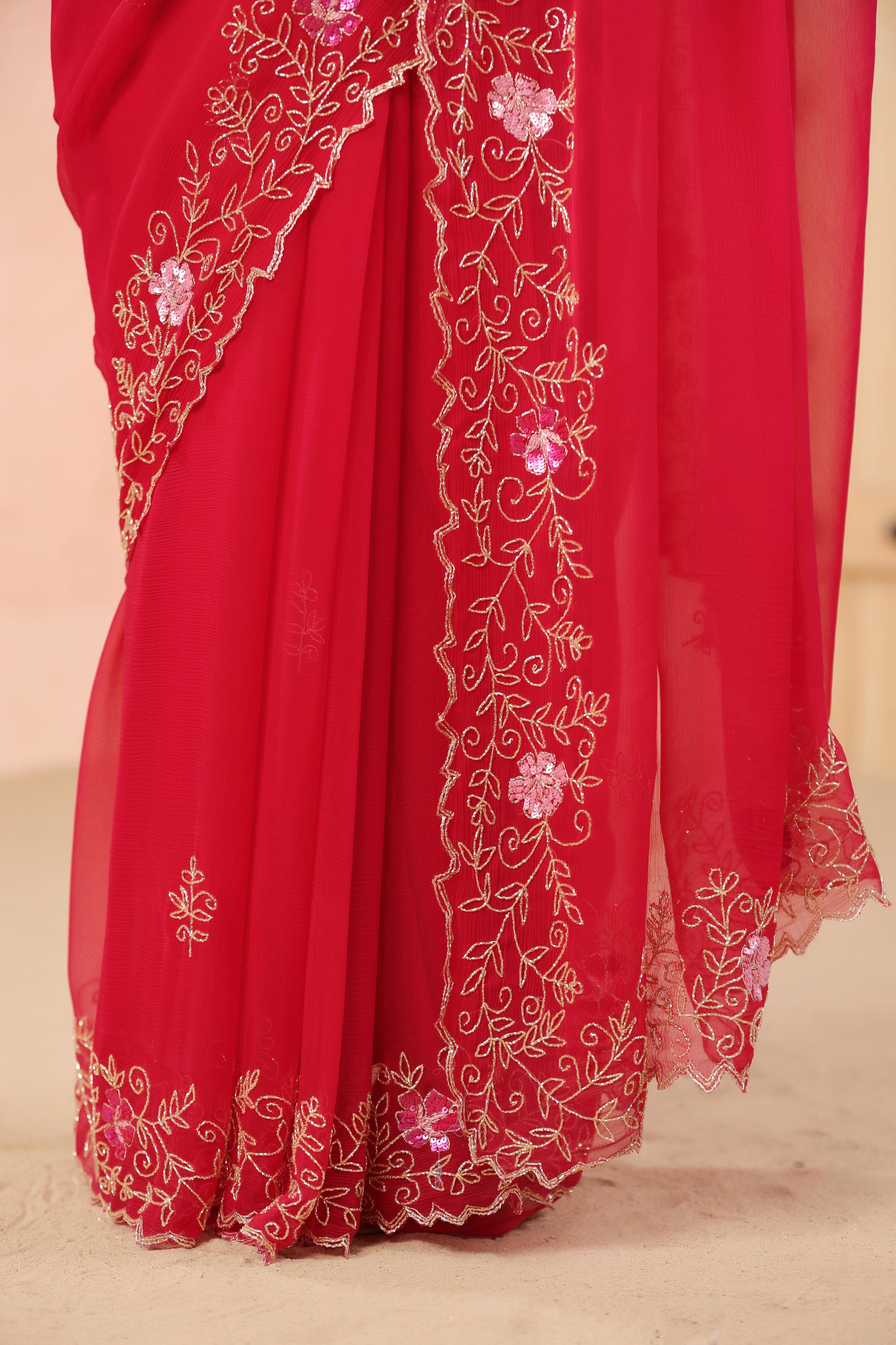 Pink Hand Embroidered Chiffon Saree