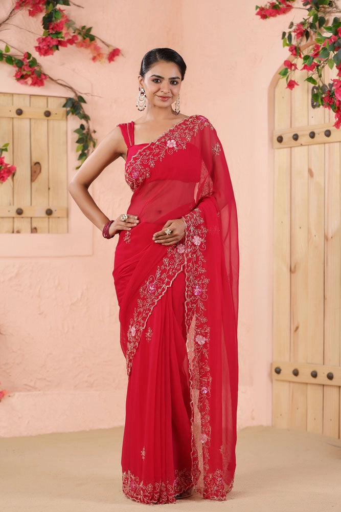 Pink Hand Embroidered Chiffon Saree
