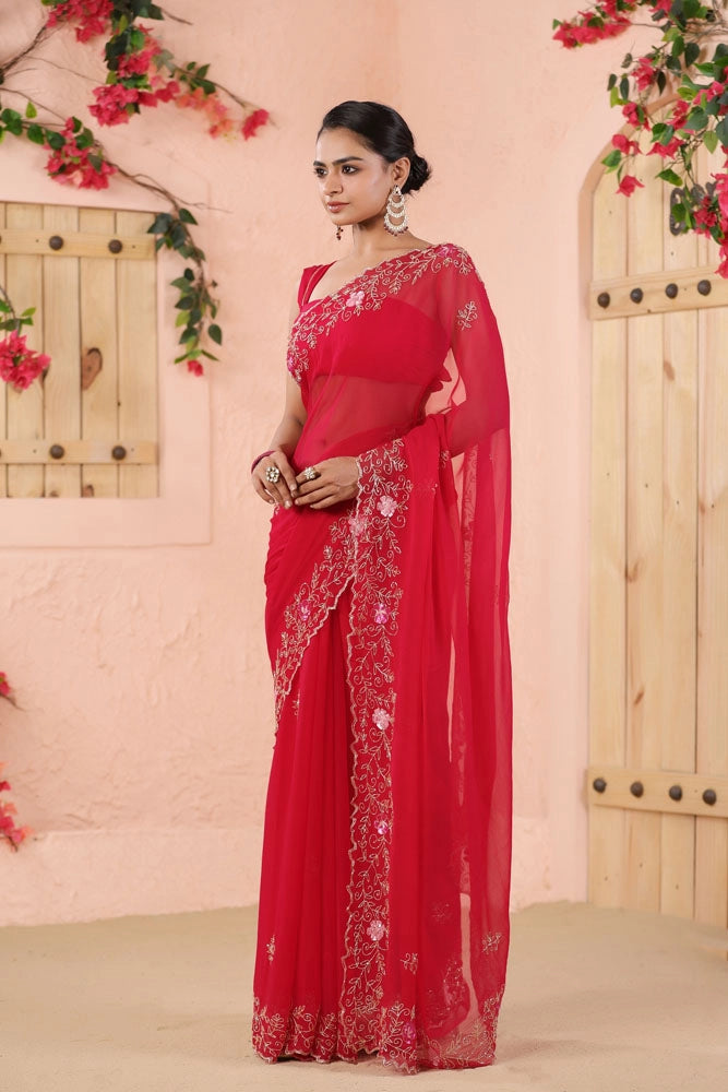 Pink Hand Embroidered Chiffon Saree