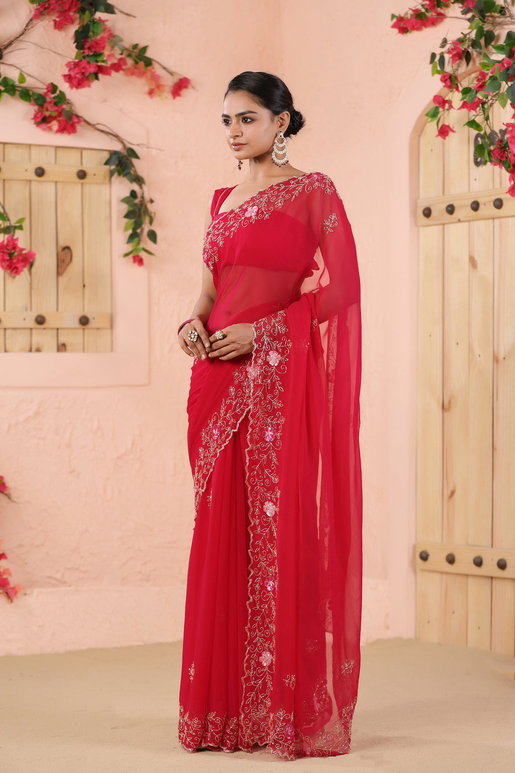 Pink Hand Embroidered Chiffon Saree