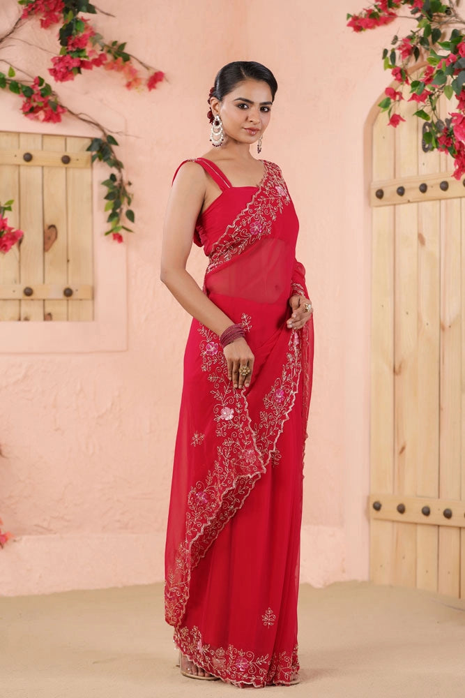Pink Hand Embroidered Chiffon Saree